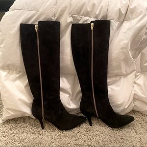 NEIMAN MARCUS - EDGY BLACK SUEDE GOLD ZIPPER BOOTS